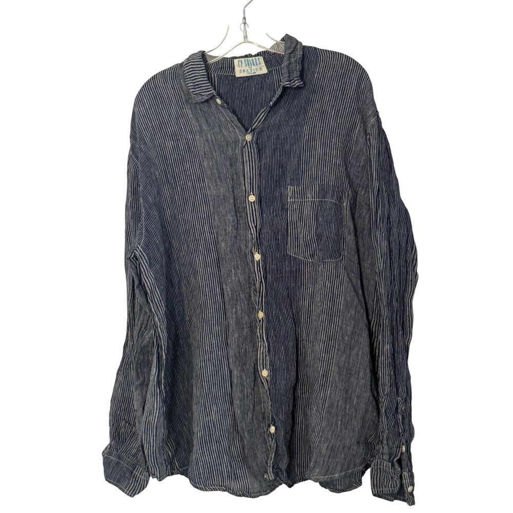 CP Shades Seaside Button Tunic Top Blue Striped Linen Shirt Lagenlook - XLarge